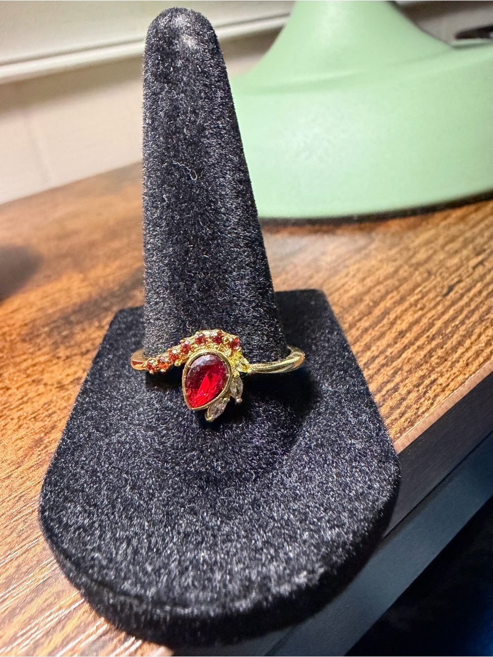 Gold-Tone Red Teardrop Crystal Ring - Size 9